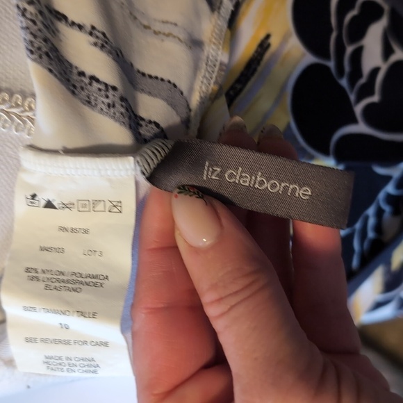 LIZ CLAIBORNE Tankini Grey & Yellow BELTED Stripe Floral Swim Top SZ 10 - Picture 14 of 15